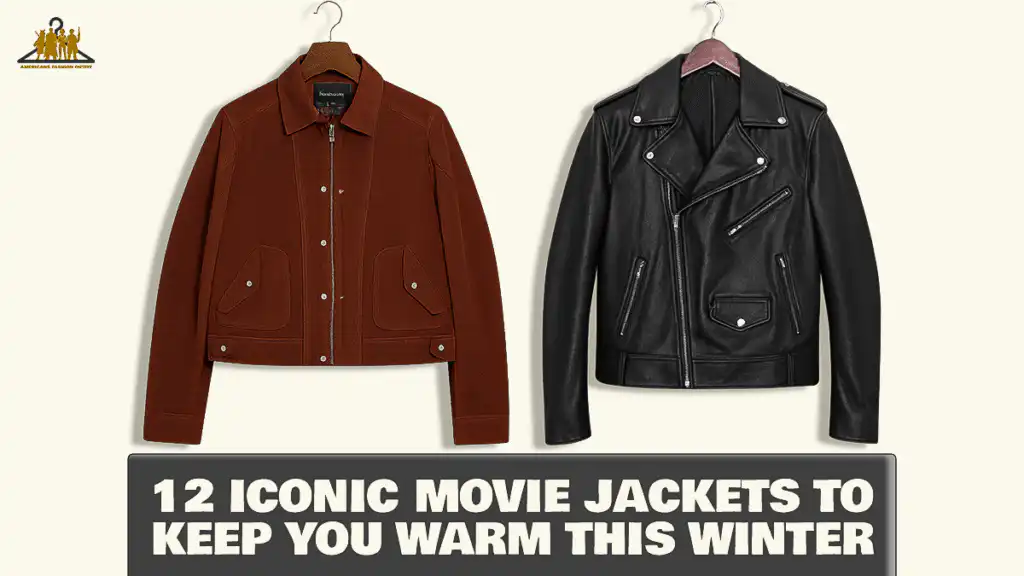 Montage of 12 iconic Hollywood movie jackets and warm leather outerwear for men and women, featuring styles from 13 Reasons Why and Die Hard