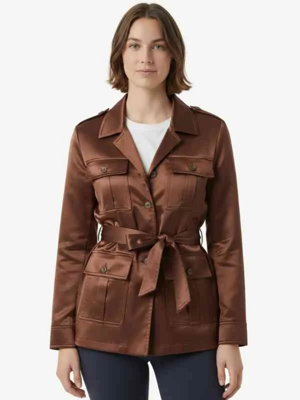 wednesday brown satin jacket front profile