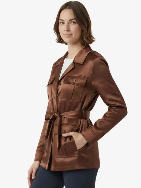 wednesday brown satin jacket side profile