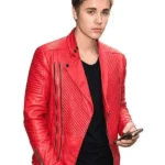 justin bieber red leather jacket